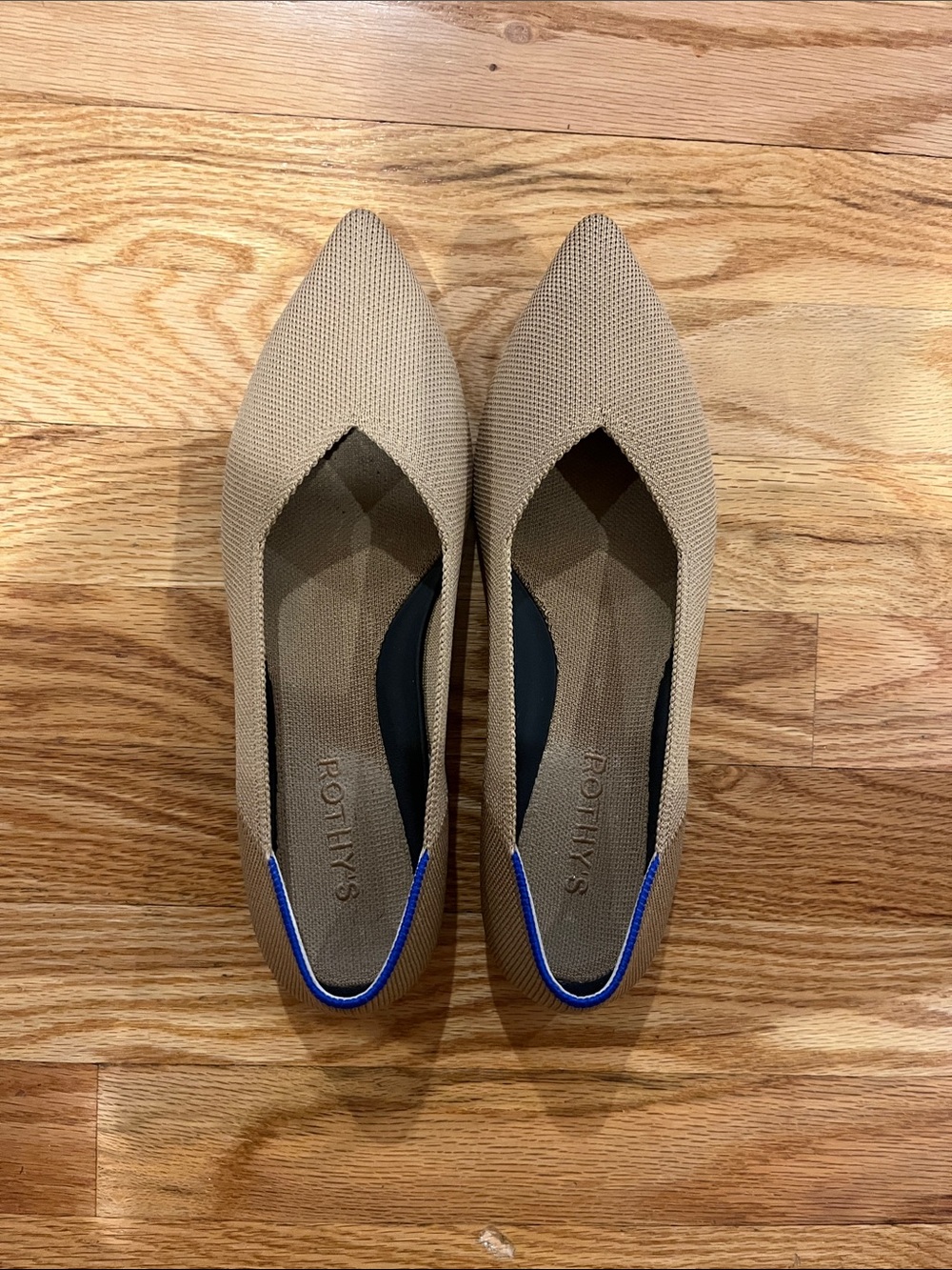 Rothy's Pointed Knit Flat in Tan with Blue Trim